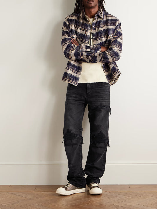 AMIRI Black Jeans- MX1 Straight-Leg Leather-Panelled Distressed Jeans