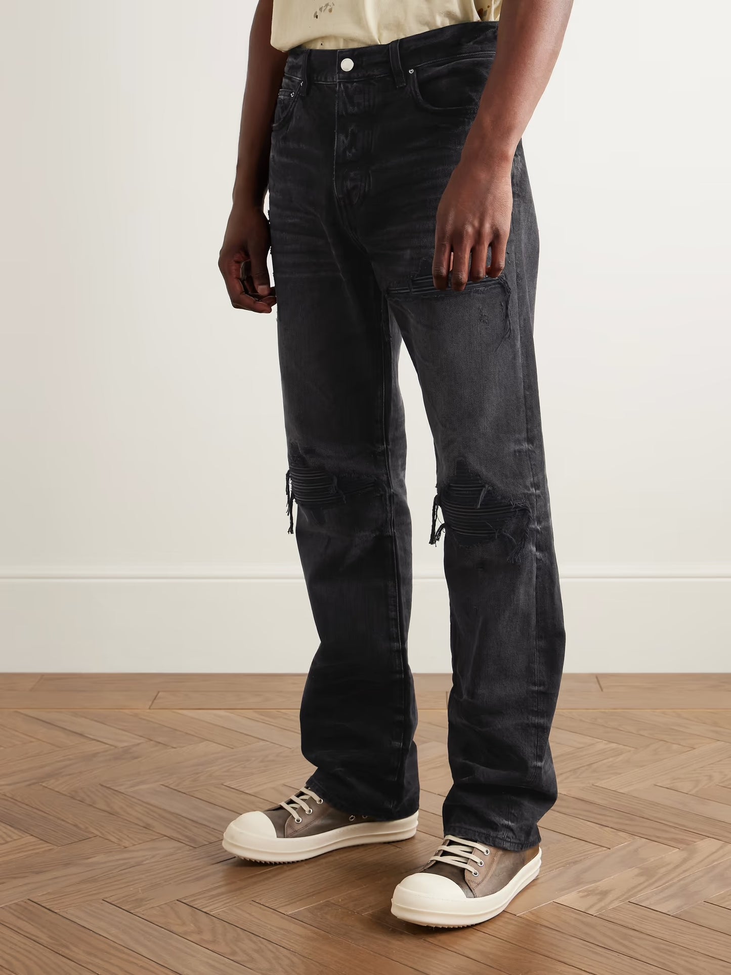 AMIRI Black Jeans- MX1 Straight-Leg Leather-Panelled Distressed Jeans