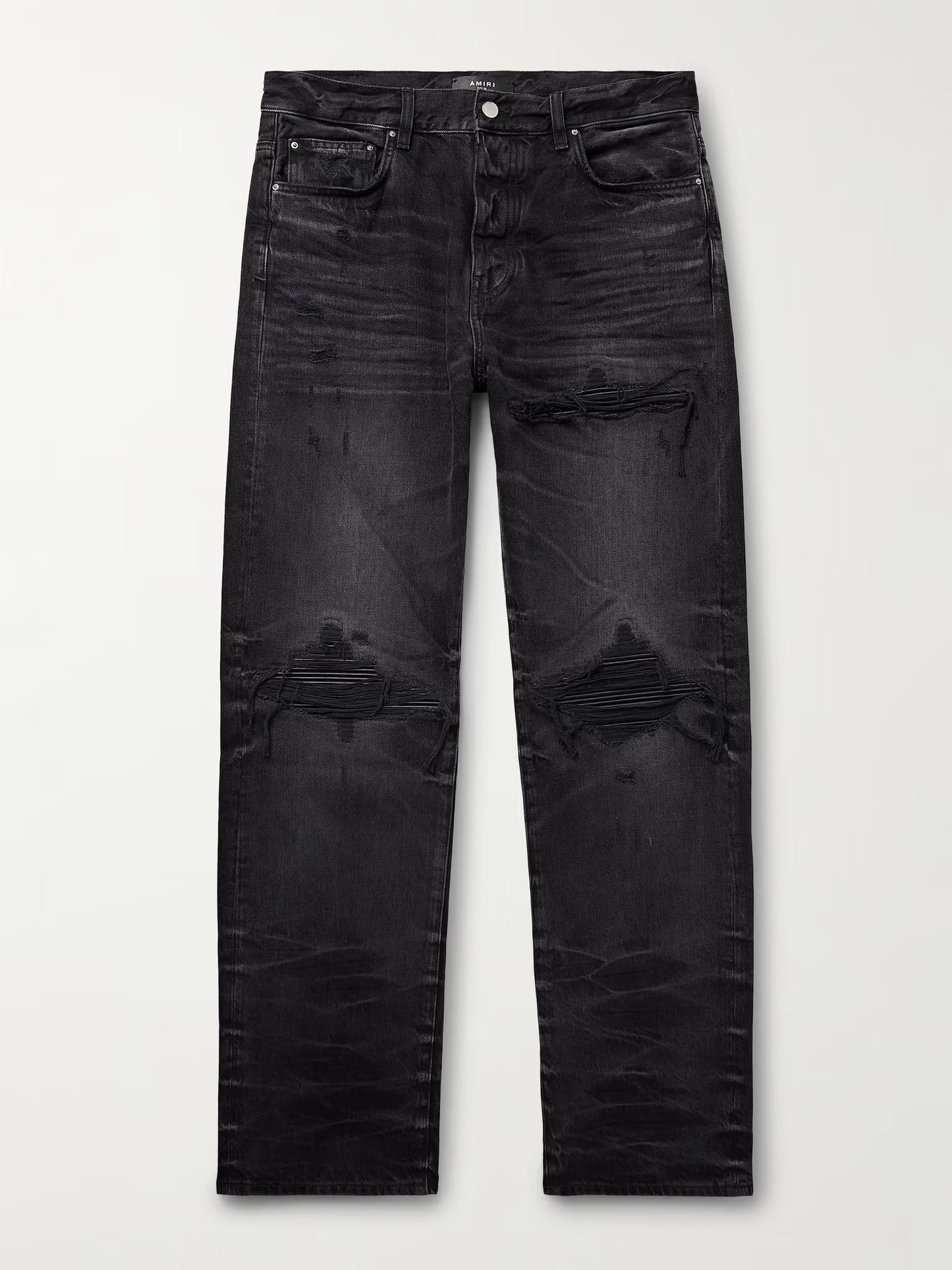 AMIRI Black Jeans- MX1 Straight-Leg Leather-Panelled Distressed Jeans