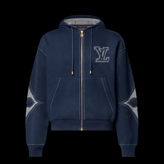 Graphic Intarsia Zipped Cotton Hoodie