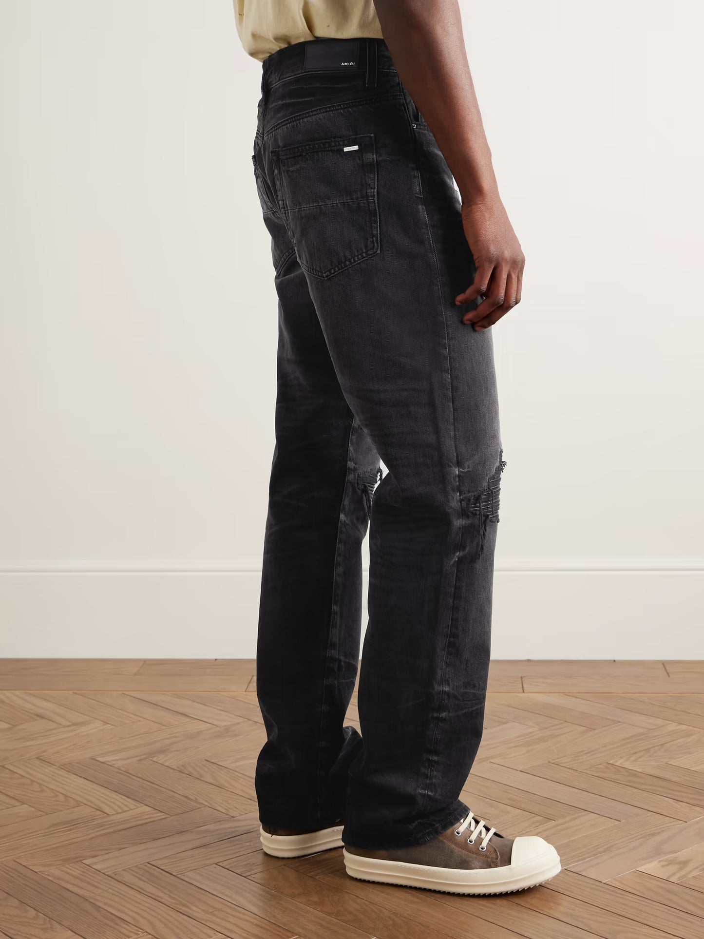 AMIRI Black Jeans- MX1 Straight-Leg Leather-Panelled Distressed Jeans